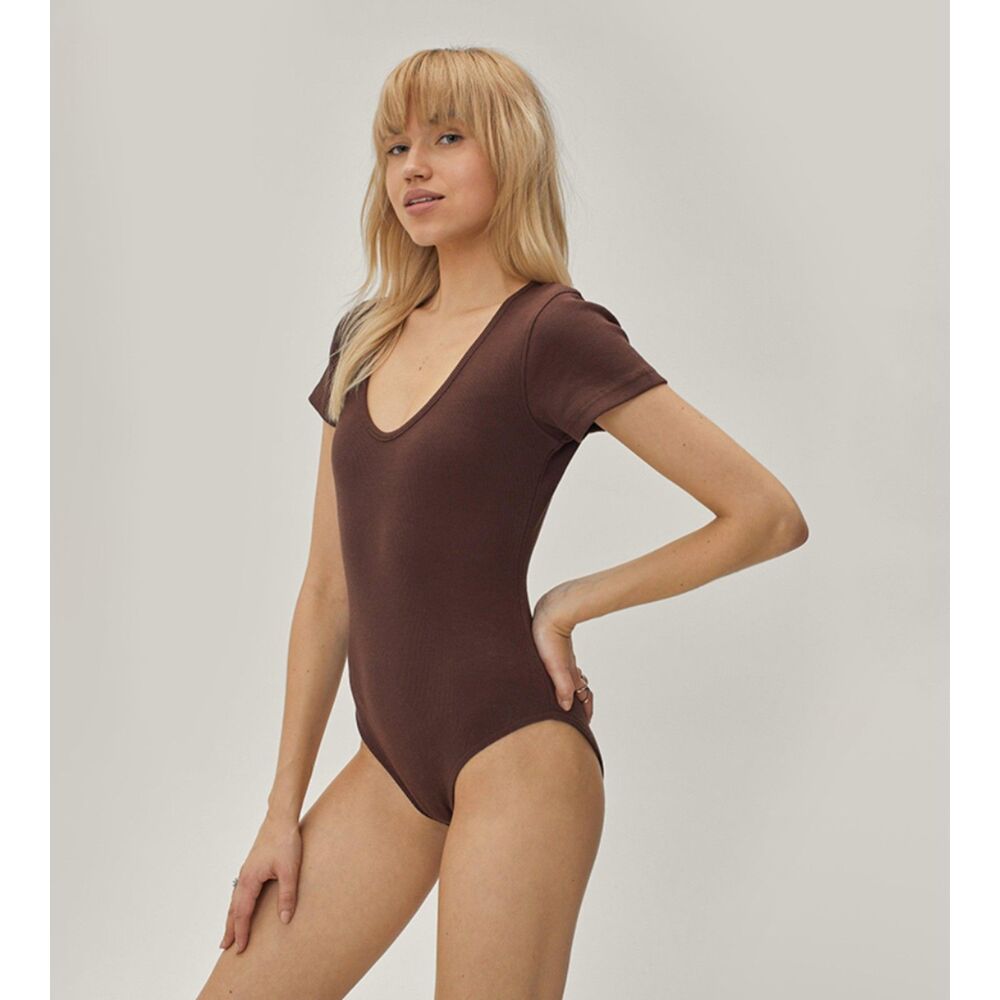 Nasty Girl Scoop Neck Short Sleeve Bodysuit Brown Medium